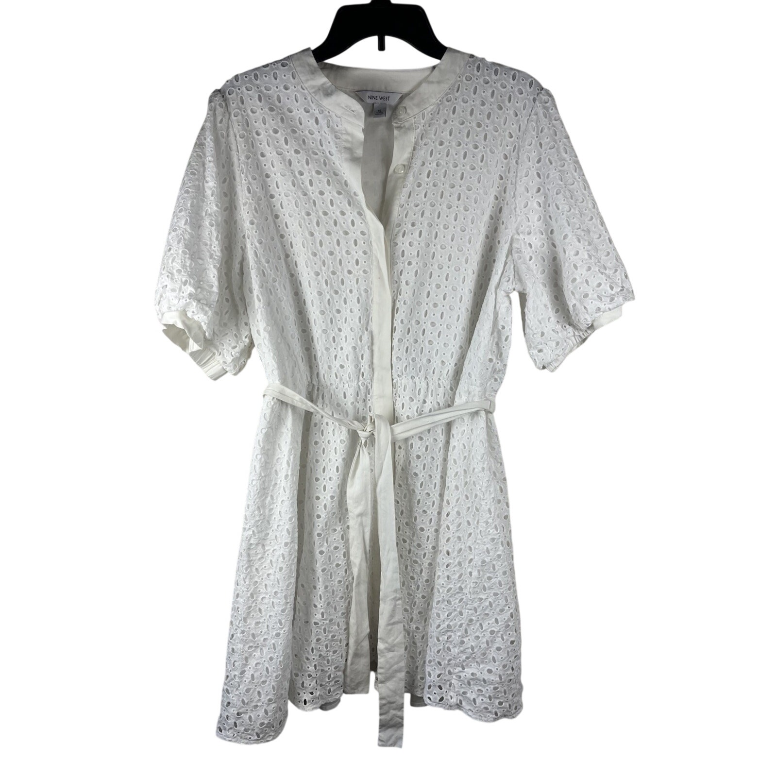 Nine West White Eyelet Fit & Flare Dress Collared Button Puff Sleeve Short Xl